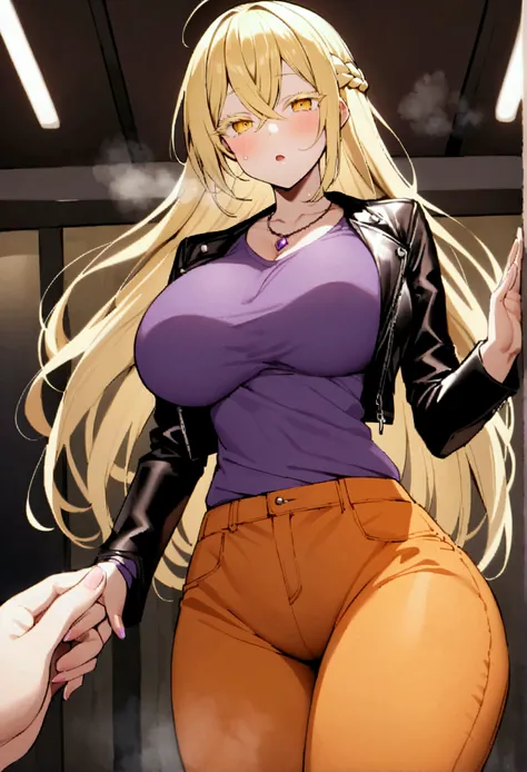 score_9、score_8_up、score_7_up、score_6_up、source_アニメ、rating_explicit、One woman、(独奏:1.1)、Big Breasts、Long Hair、Blonde Hair、Hair between the eyes、Yellow Eyes、Hair Intake、Braid、Crossed bangs、Colored eyelashes、necklace、Black jacket、Leather jacket、Long sleeve、Pu...