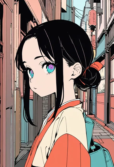 (Masterpiece, BestQuality),flat color, anime girl,lofi,japan,street,side view,(16yo,tween,detailed face,eyebrows,eyes with large irises,small breasts,small nose, fresh lips,shiny skin,short hight),