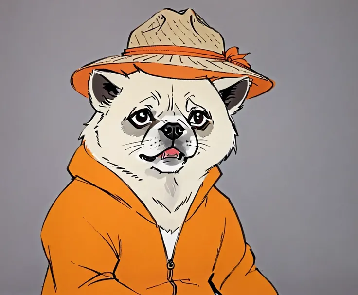 white tanuki hyena, circle eye, pug mouth, orange tracksuit, orange straw hat, sad and frown, style of joseph barbara