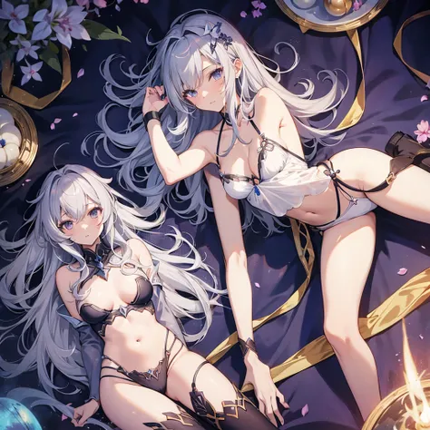 Fairy Knight Lancelot (destiny), 1 female, alone, Long Hair, chest, bangs, underwear, tail, Gray Hair, Top-down Bottom-up, flexible, Body pattern, Armrest, Jack-o&#39;-Challenge, Hands on the ground, Viewers showing their backsides, Backwards, Viewer seen ...