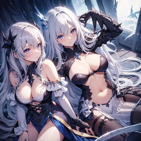 Fairy Knight Lancelot (destiny), 1 female, alone, Long Hair, chest, bangs, underwear, tail, Gray Hair, Top-down Bottom-up, flexible, Body pattern, Armrest, Jack-o&#39;-Challenge, Hands on the ground, Viewers showing their backsides, Backwards, Viewer seen ...