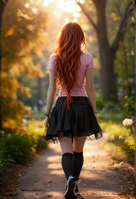 ultra realistic, photography, long straight red hair, girl, 24 years old, hourglass figure, perfect body, small breasts, Flirty look, extremely detailed artgerm, in the style artgerm, facing the camera, lens 35 mm, blur background, walking through the park...