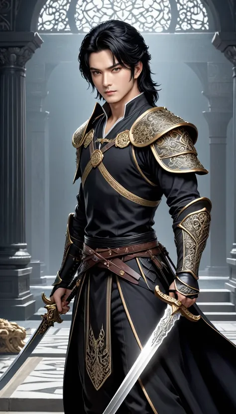 Sworasman black hair, with long sword, (masterpiece, best quality, Professional, perfect composition, very aesthetic, absurdres, ultra-detailed, intricate details:1.3)