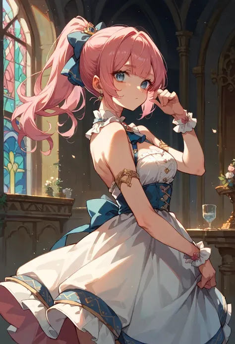 1 female　Pink Hair　Pink eyebrows　Light blue eyes　ponytail　Social Dress　Inside the castle　Idol Pose