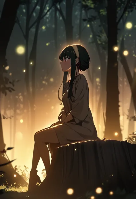 1girl, yor briar, spy x family,rim lighting, silhouette, forest background, clearing, sunbeams, masterpiece, best quality, absurdres, sitting on tree stump, fireflies