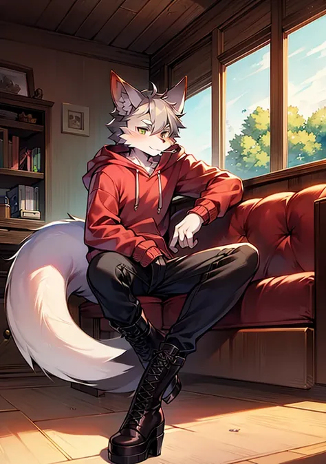 gray hair,alone,sitting,handsome face,whole body,beastman,fox,dragon,shota,dragon feather,hoodie,pants,lace-up long boots,platfo...