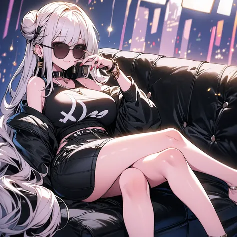 Wearing round sunglasses　masterpiece　beautiful girl　Hair is white　２Two bun hair　Crossing your legs　Wearing a large jumper　mini skirt　Smoking a cigarette　smile　Her breasts are small　The whole picture is shown　Shown from head to toe