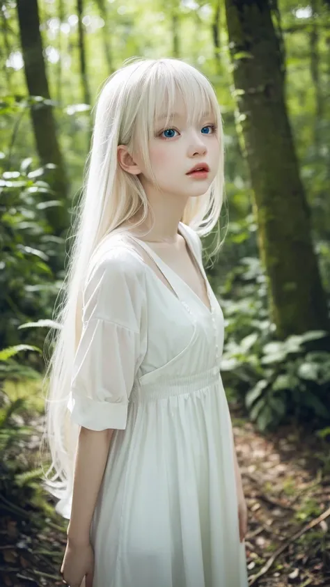 「Albino Beautiful Girl」Scene with a girl standing in the forest at night。She has white, translucent skin、Long white hair fluttering in the wind。One of her eyes is a deep red、The other eye is a bright blue one.、It exudes a mysterious atmosphere。Stars shine ...