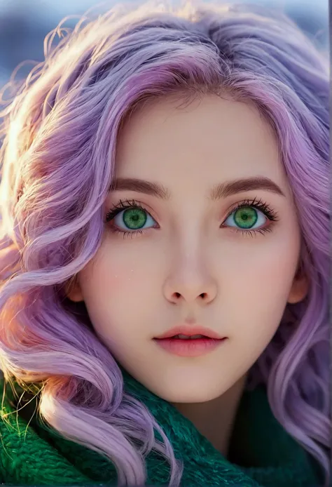 Light purple hair, Green Eyes,Wavy Hair,Medium Hair,Multicolored Hair, Winter Background、Colorful background、tsurime、Shining beautiful eyes、Shining Eyes、oil、masterpiece、最high quality、high quality