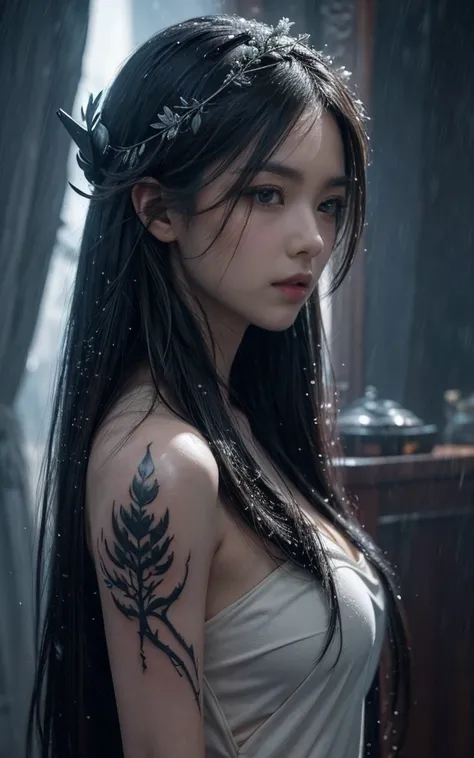 high resolution，High-resolution details，(snowstorm, desolving:1.3), Greg Rutkowski Style, Asian Girls，Lots of details, symmetry, Dark Fantasy, Dark Plants, complex, Tattoo, full of imagination, Very detailed