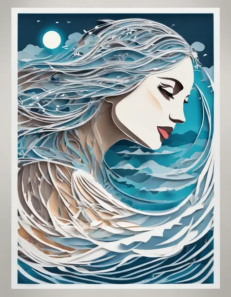 (((3D impressionist illustration, The face is precise))), A Russian girl in her early 20s with ash grey hair, Head to toe full body, Low Contrast, A pure fallen angel descending onto the clear blue water, A multitude of colorful feathers flutter behind her