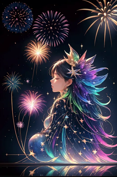 Countless rainbow-colored fireworks are launched、Iridescent幻想的なNight Sky、constellation,Mysterious Landscape、firework、firework大会、Iridescentfireworkが打ちあがっている瞬間、夜nullとともに、幻想的な海景色で壮大なfirework、future都市、Highest quality、masterpiece, (Diffuse reflection of light:1...