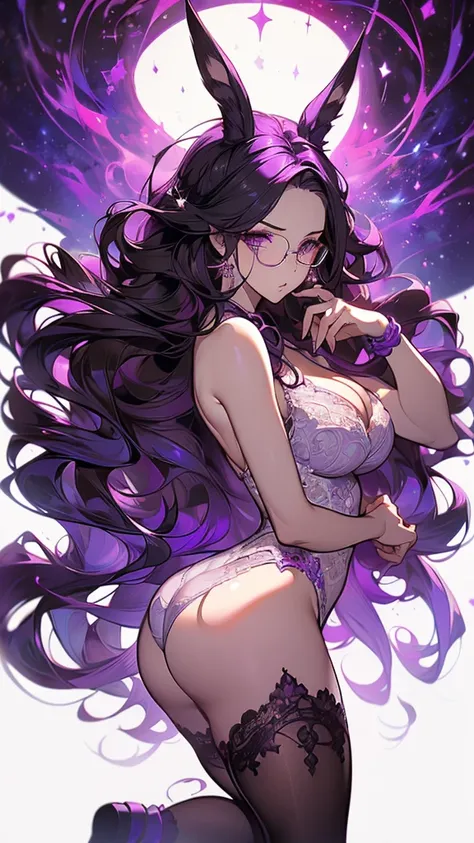 ((masterpiece, best quality)), Delicate face，Bunny Girl，Full body painting，Perfect body proportions，((Long wavy hair)), ((Half of her hair is purple，The other half is black，Available in two colors))，beautiful eyes，Fantasy style，White background，transparent...