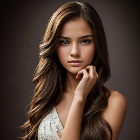 a beautiful young teenage female model, detailed facial features, long flowing hair, elegant high fashion outfit, posing in a professional photo studio setting, dramatic studio lighting, high key lighting, soft diffused lighting, seamless backdrop, high re...