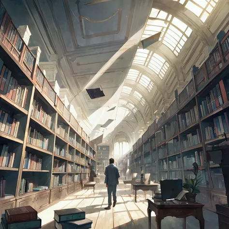 landscape scene。Countless books floating in the air、Space to fly freely。The man is enveloped in a soft glow that overflows from the pages of the book.。The innermost room of the library。