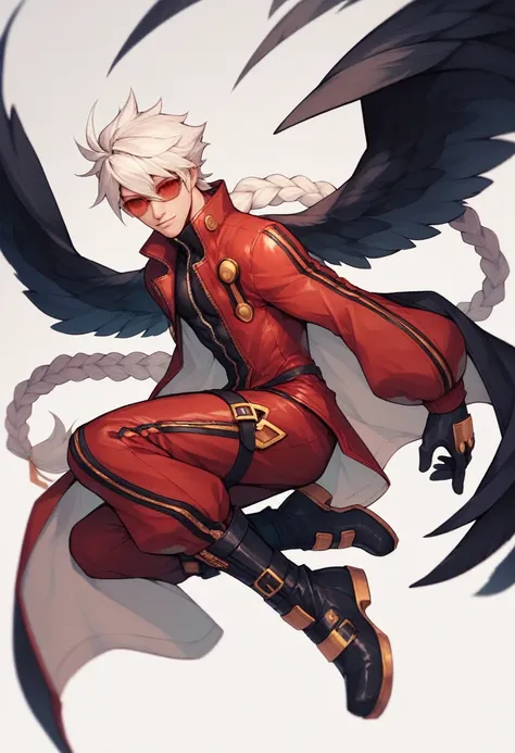  blazblue,human Male ,Red Sunglasses  , white hair,long braided ,zip Red Clothing , Full body , Black Gloves  , Black boots ,solo , Black Wings 