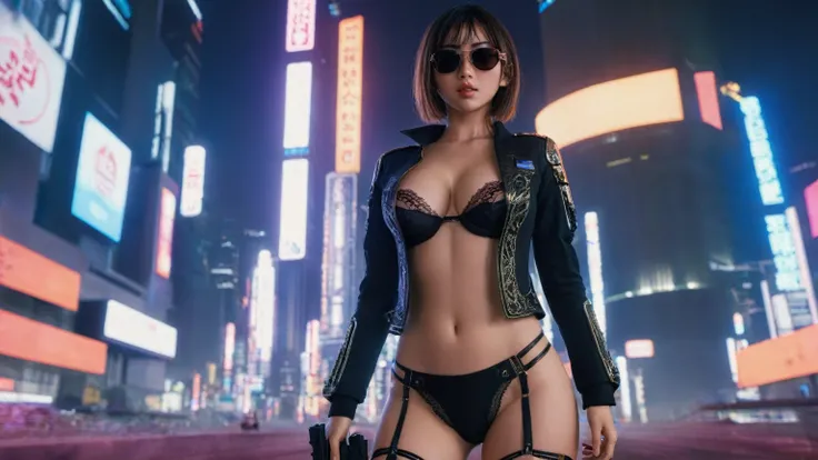 (((Masterpiece))), best quality, ultra-detailed CG unity 8k wallpaper, cyber city, tokyo, big future city at night. (1girl, solo, alone), large-breast:1.2 slim body, cleavage:1.1, sexy micro laced lingerie with jacket, (black sunglasses), ((she raised a pi...