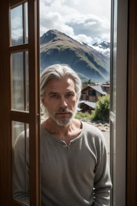 Norwegian man, 51 years, backwards, gray hair, shoulder length, parado backwards en una habitación completamente blanca, looking through a wooden window at the Andes mountain range. Dressed in carpenter&#39;s romper 