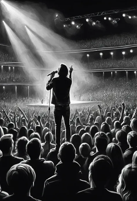 charcoal pencil drawing, black and white, artwork, create a digital painting, 4k, highest quality,  rock concert audience,sing w...