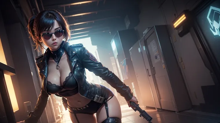 (((Masterpiece))), best quality, ultra-detailed CG unity 8k wallpaper, cyber city, tokyo, big future city at night. (1girl, solo, alone), large-breast:1.2 slim body, cleavage:1.1, sexy micro laced lingerie with jacket, (black sunglasses), ((she raised a pi...