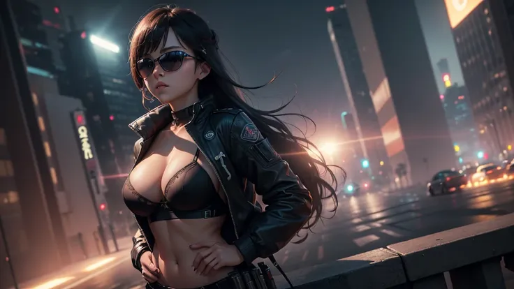 (((Masterpiece))), best quality, ultra-detailed CG unity 8k wallpaper, cyber city, tokyo, big future city at night. (1girl, solo, alone), large-breast:1.2 slim body, cleavage:1.1, sexy micro laced lingerie with jacket, (black sunglasses), ((she raised a pi...