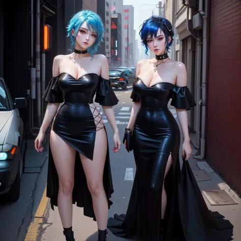 A woman with blue hair and a black dress is standing in front of a car, dreamy Cyberpunk Girl, Cyberpunk Anime Girl, female Cyberpunk Anime Girl, Cyberpunk beautiful girl, anime cyberpunk art, Cyberpunk Girl, Digital Cyberpunk - Anime Art, A fascinating cy...