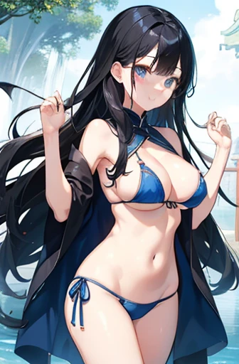 Highest quality、Very delicate and beautiful、Japanese、Long black hair、Burning idol pose、Light blue bikini、20th Generation、Are standing、Laughter、look forward to,Big Breasts