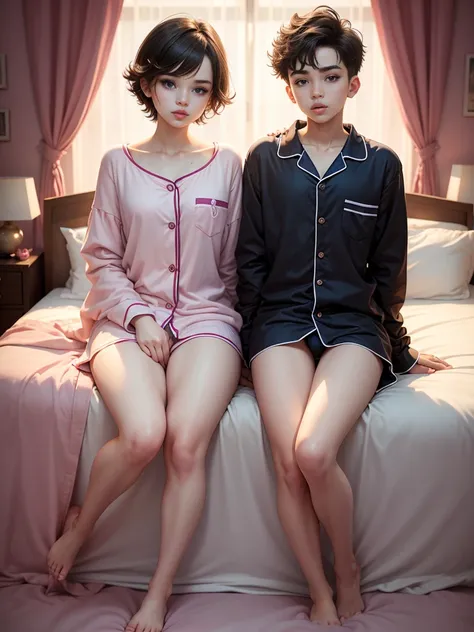 Cute 18 years old boy and girl. Feminine figure. Big lips. Makeup. Pajamas. Androgynous. Optimistic.  Cute bedroom background. Masterpiece open legs