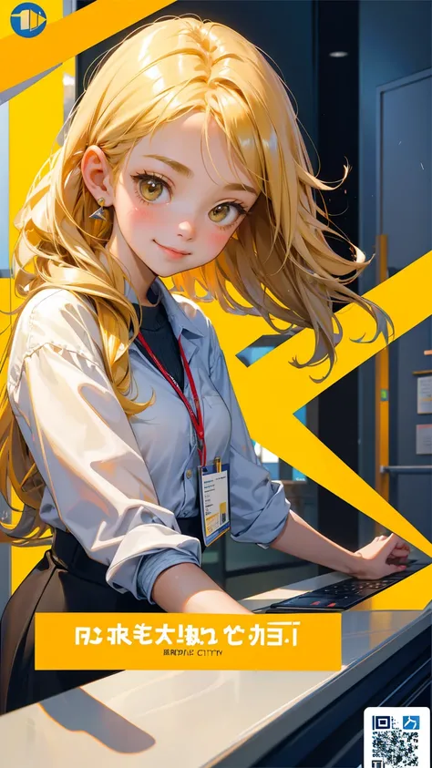 a cute girl with mile with open happy face, in City hall at reception desk, receptionist hold her card with her image, city hall text on wall, yellow color city hall background,