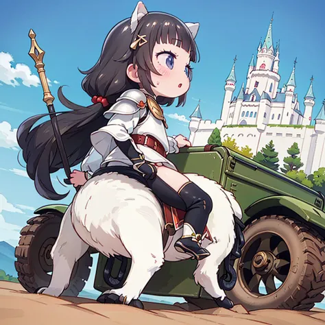 masterpiece,High resolution,4K,Highest quality，cute，Very short stature，Black Hair，Blunt bangs，Hair is floating，White Knight，White Armor，Grabbing the spear，cavalry，Attack the enemy，Armored Pug Dog Ride)，background(outside，You can see the castle in the dista...