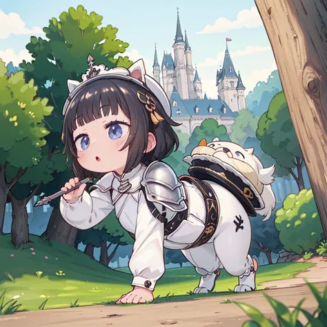 masterpiece,High resolution,4K,Highest quality，cute，Very short stature，Black Hair，Blunt bangs，Hair is floating，White Knight，White Armor，Grabbing the spear，cavalry，Attack the enemy，Armored Pug Dog Ride)，background(outside，You can see the castle in the dista...