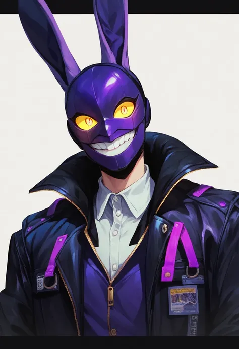 Concept ART Versions , human ,Purple mask, white Teeth ,big Smile  ,Villain bunny mask , Rabbit ears , Jacket , yellow pupils 