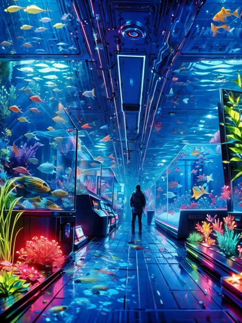 Masterpiece,Best image,aquarium,(((unmanned))),Large aquarium,aisle,