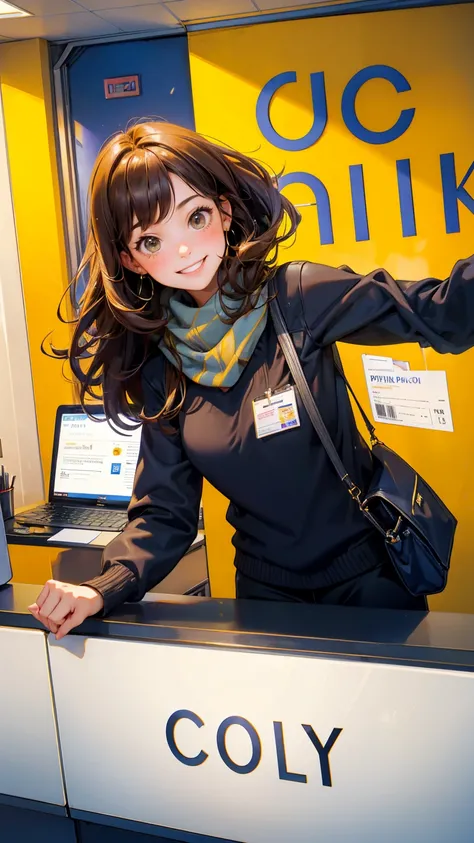 A cute girl with smile with open happy face, holding up his passport at the counter of city hall, in City hall at reception desk, receptionist hold her card. The header text reads "EASY Colin". yellow wall behind him says "City Hall