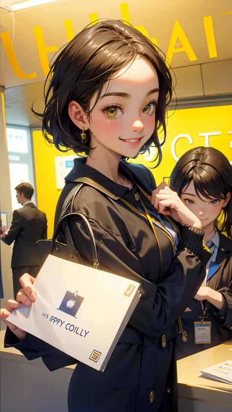 A cute girl with smile with open happy face, holding up his passport at the counter of city hall, in City hall at reception desk, receptionist hold her card. The header text reads "EASY Colin". yellow wall behind him says "City Hall