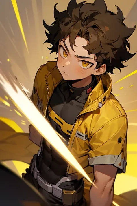 1boy, My hero academia, Small curly hair, Yellow eyes, 19 years old, light brown skin.