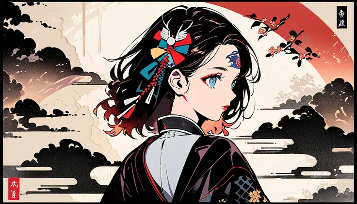 (((Ink Painting))), Fashion portrait color photos, (((1 girl))), (((Tattoo in the center of the forehead))), (((Very flashy hair accessories))), (((Very flashy makeup))), Japanese style headphones, Japanese pattern base, Japanese beautiful girl, Black Hair...