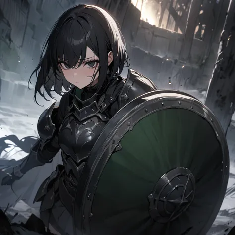 Top quality, masterpiece, high resolution, short bob black hair, black eyes, black silver protective armor,Huge dark green round shield,barrier of darkness