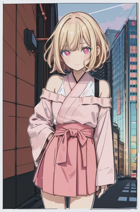 1girl,pink short hair,red eye off-shoulder sweater,hakama skirt,blonde hair,curly bob,moscow city morning,, (flat color, pastel ...