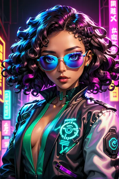 Close-up of a man wearing a suit and sunglasses, Cyberpunk Neon Light, Tyler Mitchell style photos, Curls on the head, Kim Do-young, Wearing a flashy jacket, Strike a pose in dramatic lighting, Chongqing Express Color Palette, Inspired by Victorian science...