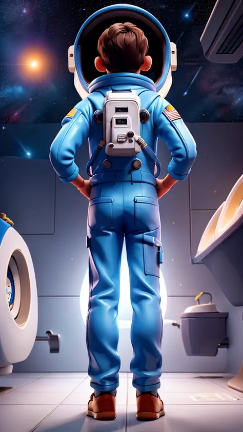 The back of a Spaceman in a astronaut suit as he pees standing into a toilet bowl. Hyper realistic, full colours, vibrant, cartoon style