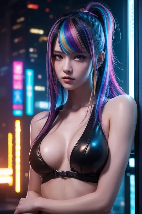 1 girl, masterpiece, Rainbow Hair, ((erotic, Ultra-high resolution, High quality CG integrated 8K wallpaper, Physically Based Rendering, Cinema Lighting)), dreamy Cyberpunk Girl,  female , Cyberpunk beautiful girl, anime cyberpunk art, Cyberpunk Girl, Mode...