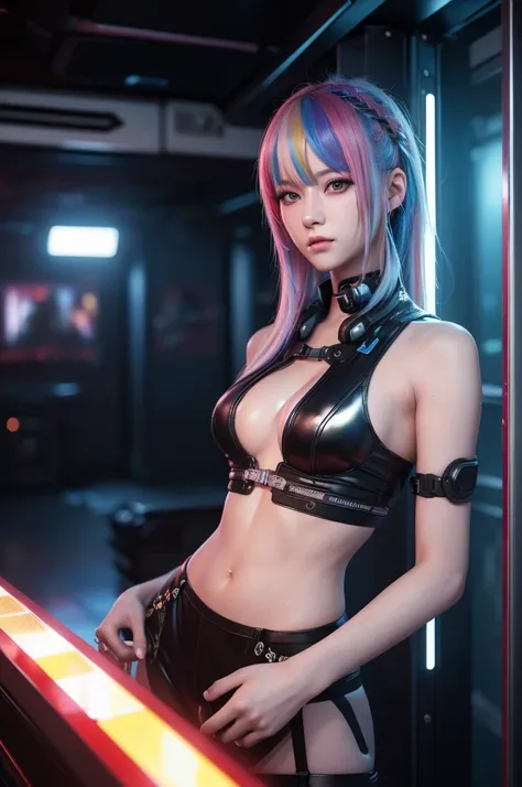 1 girl, masterpiece, Rainbow Hair, ((erotic, Ultra-high resolution, High quality CG integrated 8K wallpaper, Physically Based Rendering, Cinema Lighting)), dreamy Cyberpunk Girl,  female , Cyberpunk beautiful girl, anime cyberpunk art, Cyberpunk Girl, Mode...