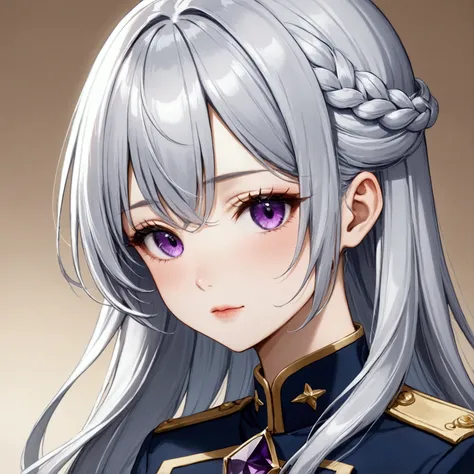 Highest quality、Delicate depiction、Beautiful woman、Silver Hair、Amethyst Eyes、Blue-gray military uniform、