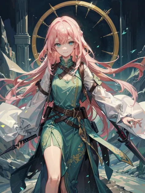 (​masterpiece:1.2, top-quality:1.2), RPG, JRPG, Fantasy, Shiny natural skin texture,  body, delicate features, dewy green eyes, innocent, long braided, pastel pink hair, smiling, Two arms, Two leg, holding dagger, dynamic pose, beautiful countenance, A det...