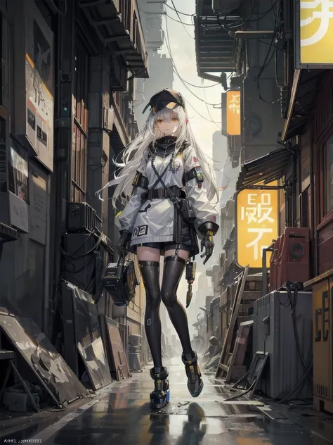 1 Girl, Solo, Colorful, Yellow Eyes, Cyberpunk, Mechanical Scrap Zone, Cityscape, Stud Earrings, Long Messy White Hair, Mechanical Hat, Mechanical Body, Robotic Arm, Mecha, Robot, Mechanical Maiden, Neon Lights, Beautiful Lights, Character Focus, CG Illust...