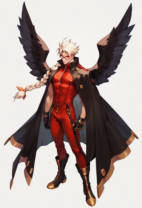  blazblue,human Male ,Red eyewear , white hair,long braided ,zip Red Clothing , Full body , Black Gloves  , Black boots ,solo , Black Wings 