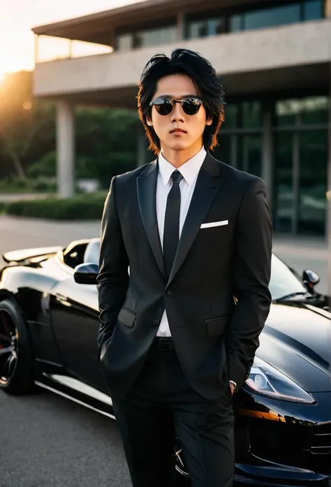 Asian man, black Sasuke hair, black formal business suit, young, early 20s, black clothing, sunglasses, sports car, full sunset view