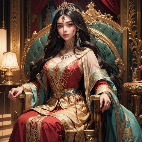 a beautiful uzbek princess, long wavy black hair, sitting on a royal mughal throne, extremely detailed face, beautiful detailed eyes, beautiful detailed lips, longeyelashes, elegant regal pose, intricate embroidery on royal red sharara, ornate throne, jewe...