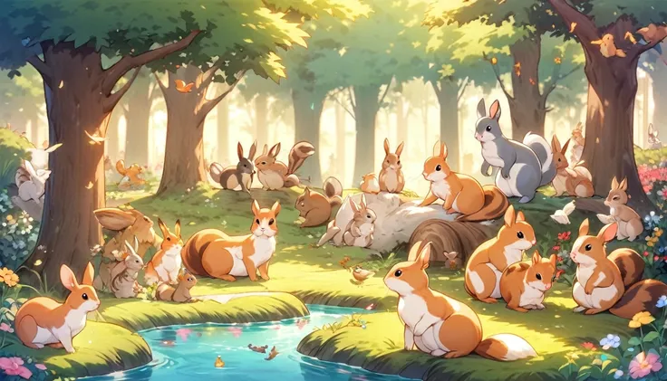 "A cute anime-style scene of animals playing in a forest. The scene includes a variety of animals like rabbits, squirrels, and birds, all engaging in playful activities. The background is a lush, green forest with tall trees, flowers, and a stream. The atm...